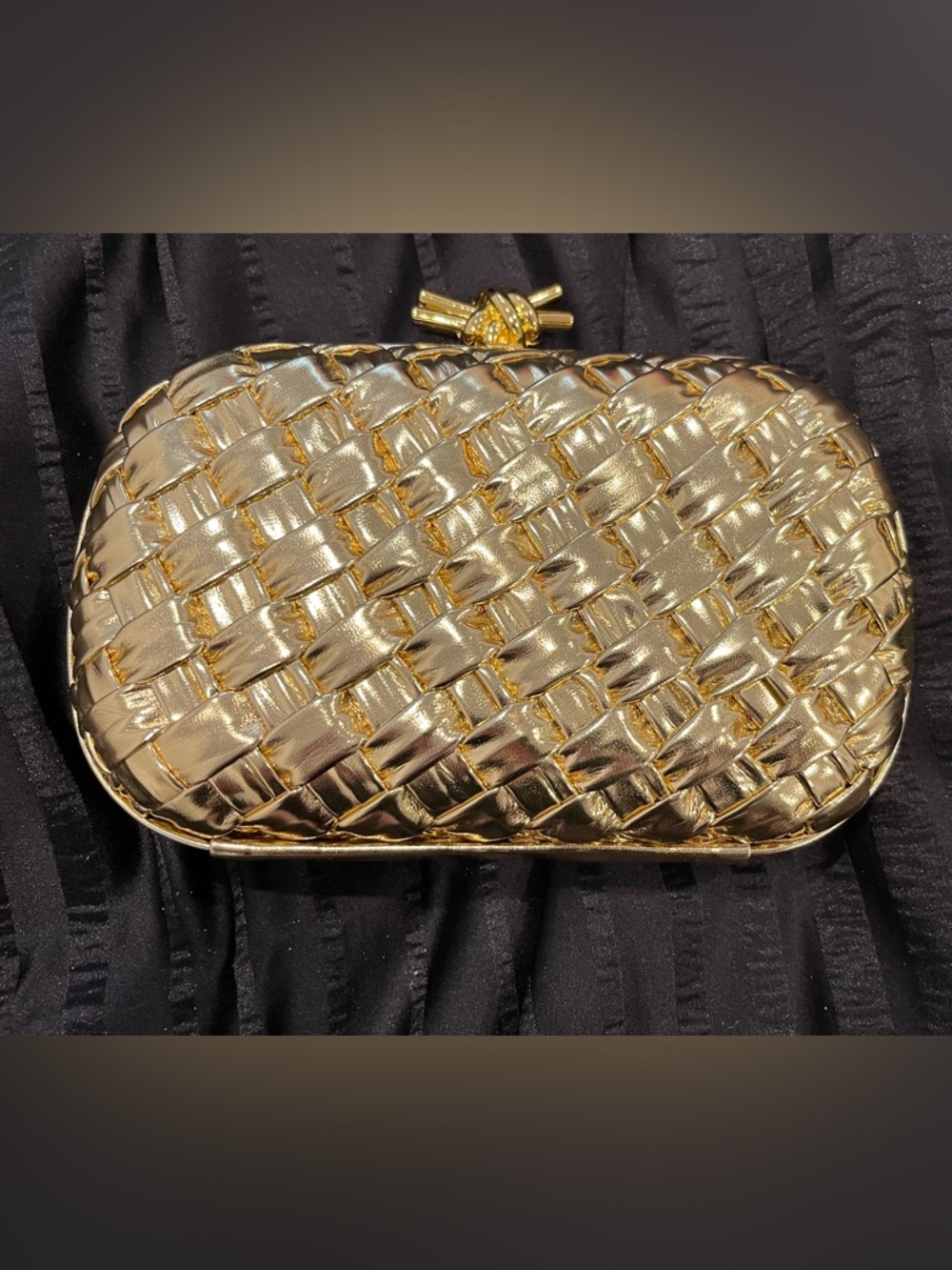 NWOT Gold Woven Top Knot Clasp Evening Clutch with metal chain designer inspired